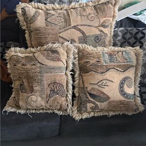 Vintage Fringed Tan and Brown Decorative Pillows
